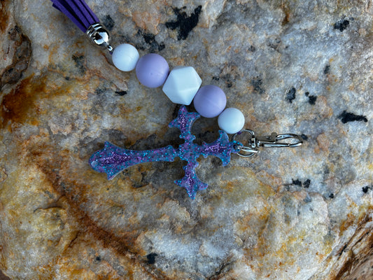 purple cross beaded keychain